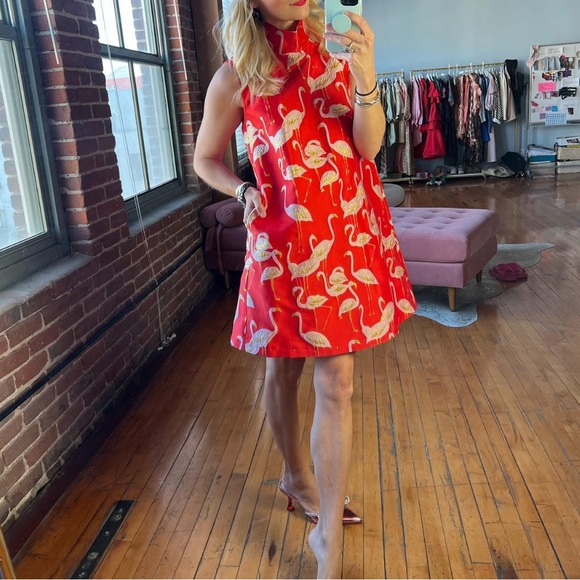 Flamingo Print Red Mini Dress Back Buttons Gold Accents Buru NWT - Picture 9 of 9